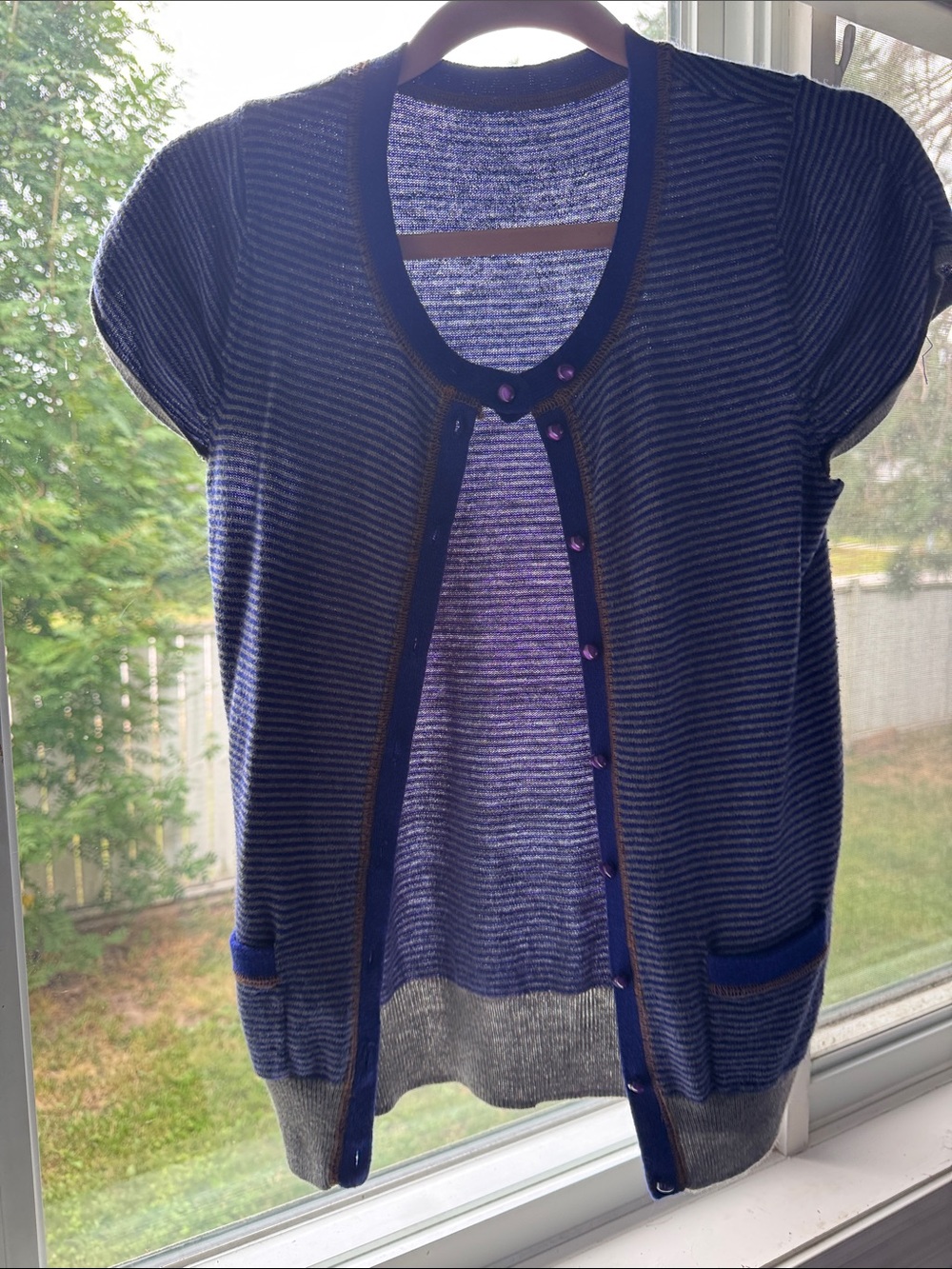 Topshop Striped Short-Sleeve Knit Cardigan in Blue & Gray